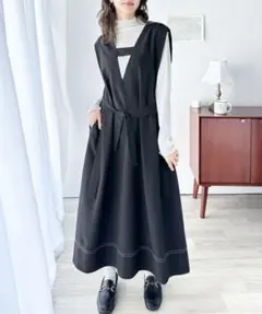 クラシカルエルフ　前後2WAY麻調サイドリボンVネックワンピース