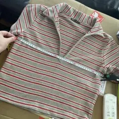 ZARAＶネックワッフル地トップス半袖ザラ着痩せ効果ベージュ×オレンジストライプ