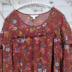 TIME TRU 花柄長袖チュニック 【Ｍ】フリル付き