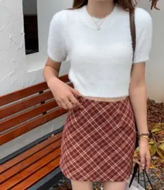 クルーネック半袖シャギーニットトップス