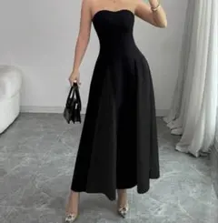 ストラップレス ブラック Aラインロングドレス　袖無し　二次会　ドレス　結婚式