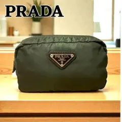 PRADAプラダ　ナイロンポーチ　カーキ　三角ロゴ