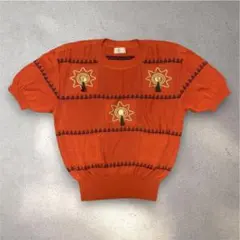 90s vintage デザインニット 半袖 オレンジ モチーフ レトロ