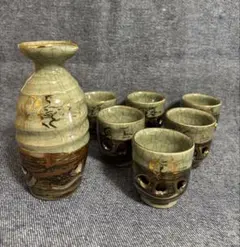 相馬焼き 陶器製 徳利 お猪口 7点セット 貫入 釉薬 酒器 未使用