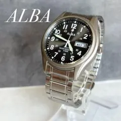 稼働 ALBAソーラー メンズ腕時計 デイデイト 10BAR 黒文字盤