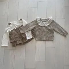 女の子　ベージュニット　フリルトップス　セット売り