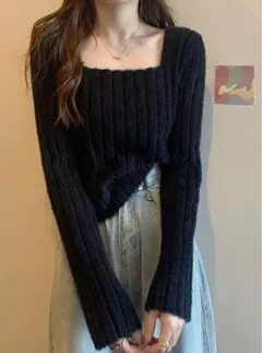 GRL ブラック スクエアネックフレアスリーブフェザーニットトップス