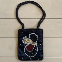 雪だるま刺繍の黒ポシェット ビーズ　ハンドメイド　手作り