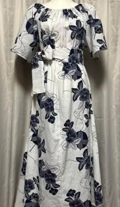 浴衣リメイクＡラインロングワンピース（綿）リボンベルト付き 着物リメイク