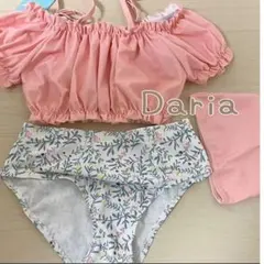 女の子水着 キッズ水着 オフショルダー風シャーリングビキニ 帽子3点セット110