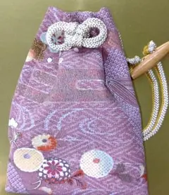 ハンドメイド花柄 くすみピンク腰下げ 巾着袋片側ファスナー付き　裏付き　祭り小物