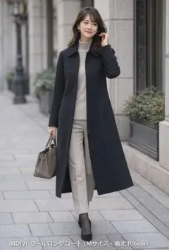 日本製 美品 INDIVI ウールロングコート 38 M 比翼仕立て 上品