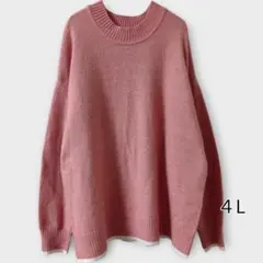 ４Lサイズ／ピンク ラウンドネックセーター 裾ホワイトライン入り