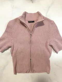 【美品】EMODA リブニット ハーフジップ 半袖 ピンク Fのサムネイル