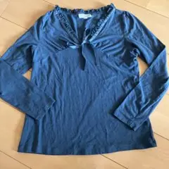 ★春秋　長袖カットソー　くすみブルー　L 160 首元フリルとリボンが可愛い♡