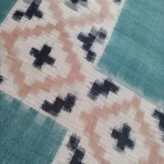 ブルーグリーン×白絣織生地B　35×280㎝　絹ハギレ　和布はぎれ　古布　古裂