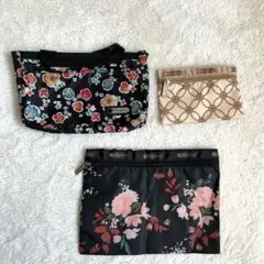 LeSportsac ポーチ・ミニバッグ　3点セット　花柄　ベージュ系　ブラック