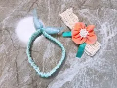 水色リボンヘアバンドと花飾りヘアバンドセット