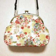和調花柄　がま口ショルダーバッグ　大きい　25cm口金　ショルダー紐付き