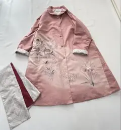 確認用★手描き花柄紬&白大島紬＊リバーシブルコート&ストール＊着物リメイク＊