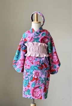 No.YU06ハンドメイドキッズ2way浴衣セット ヘヤバンド付き　１点のみ
