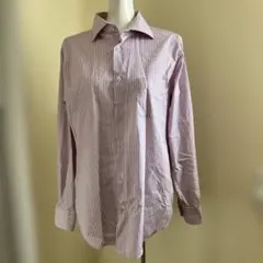 長袖ストライプワイシャツ（紫がかったピンク×白）