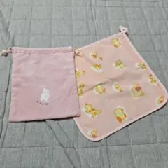 未使用品　Hotmanピンクのループ付タオルと巾着袋セット