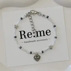 クリア × ネイビー ×ホワイト 星型｜ リボンチャーム付｜ビーズブレスレット