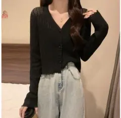 薄手 リブ編み ブラック 長袖カーディガン ニット 春物 夏物 UV対策 冷房