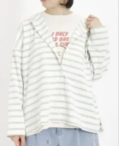 PEANUTS ボタン付き長袖Tシャツ 白緑ストライプ新品スヌーピ