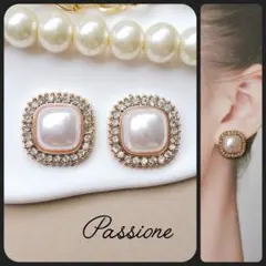 【一点物】ストーン付き大ぶりパールスクエア ピアス/イヤリング