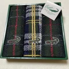 クロコダイル【プチタオル（ミニハンカチ）】3枚入りチェック柄未使用品・クロコ刺繍のサムネイル