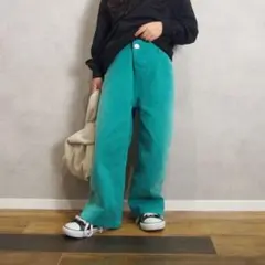 【新品未使用】ウエストアシメントリーワイドレッグデニムパンツ グリーン110