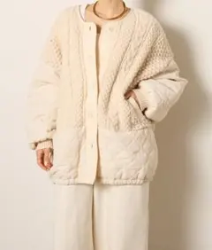 esica エシカ アラン編みニットノーカラー裾キルティングブルゾン