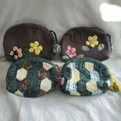 【花モチーフ柄&ヘキサゴン柄】ポーチ4個セット　ハンドメイドパッチワーク