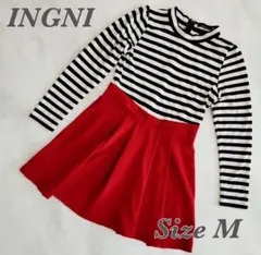 【INGNI】(М)ワンピース 膝上 ミニ丈 長袖 切り替え ボーダー×レッド