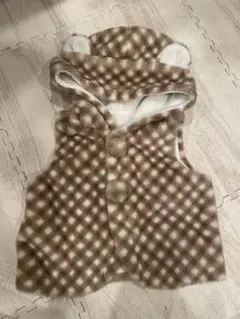 べべ　Bebe ベビーベスト フード付き 茶色と白のチェック柄　耳付き