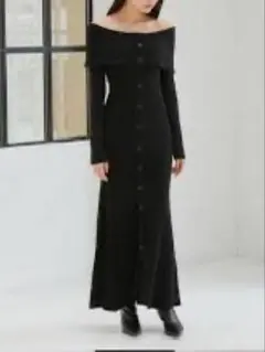オフショルボタンニットワンピース　BLK フリー