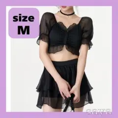 レディース 水着 タンニキ シフォン 着痩せ 黒 シースルー M セパレート