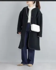 SHIPS ブラック ノーカラーコート