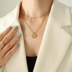 ２連 コイン ネックレス サージカルステン ゴールド 【大人気】 一粒ジルコニア