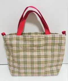 【ハンドメイド】2wayトートバッグ　チェック柄　く　緑　赤