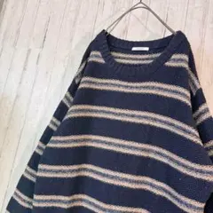 【シンプル ボーダー ニット】紺×白 Mサイズ〜 長袖 アースカラー 古着