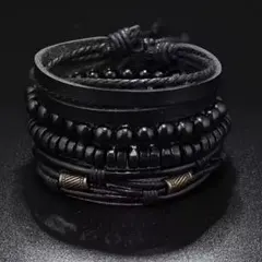 ブラックブレスレット 4本セット PUレザー 木製ビーズ アメカジ ユニセックス