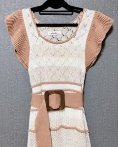 dazzlin マキシ丈ニットワンピース ベルト付き 春夏 透かし編み ボーダー