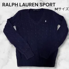 良品　RALPH LAUREN SPORT ネイビーVネックウールケーブルニッM