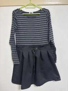 earth チャコールグレー ストライプ 長袖ワンピース