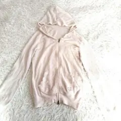 *【ジェラートピケ】白 ほんのりピンク フード付きルームウェア ジッパー ロゴ入