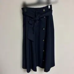 ネイビー フレアスカート リボン結ぶための紐とボタン付き