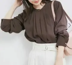 VIS【洗える・防シワ】フロントタック長袖ブラウス　ダークブラウン　フリーサイズ